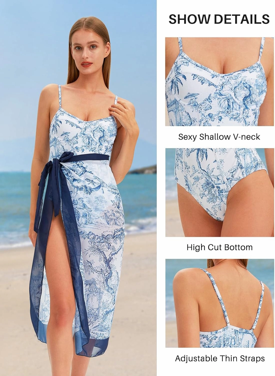 Womens One Piece Swimsuit with Cover Up Sarong Wrap Floral Bathing Suits 1 Piece Swim Suit with Beach Cover Up Set