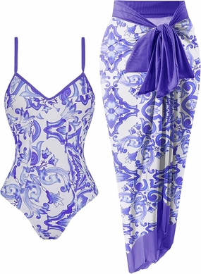 Womens One Piece Swimsuit with Cover Up Sarong Wrap Floral Bathing Suits 1 Piece Swim Suit with Beach Cover Up Set
