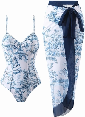 Womens One Piece Swimsuit with Cover Up Sarong Wrap Floral Bathing Suits 1 Piece Swim Suit with Beach Cover Up Set