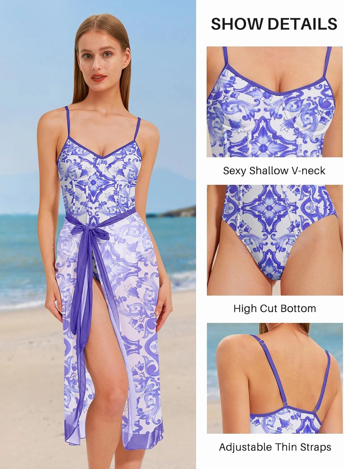Womens One Piece Swimsuit with Cover Up Sarong Wrap Floral Bathing Suits 1 Piece Swim Suit with Beach Cover Up Set