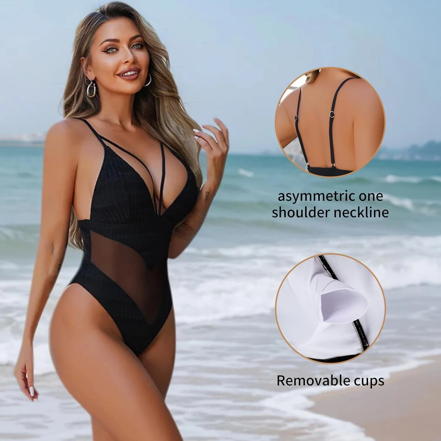 Womens One Piece Swimsuits-Sexy Deep V Neckline Tummy Control Bathing Suit Slimming Mesh Swimwear 