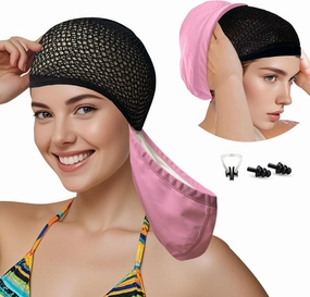 Womens Swim Cap for Long Hair PU Fabric Hairnet Swimming Caps for Women Men Adults Youths with Ear Plug and Nose Clip, Swim Hats Pool Caps to Protect Hair no Pulling