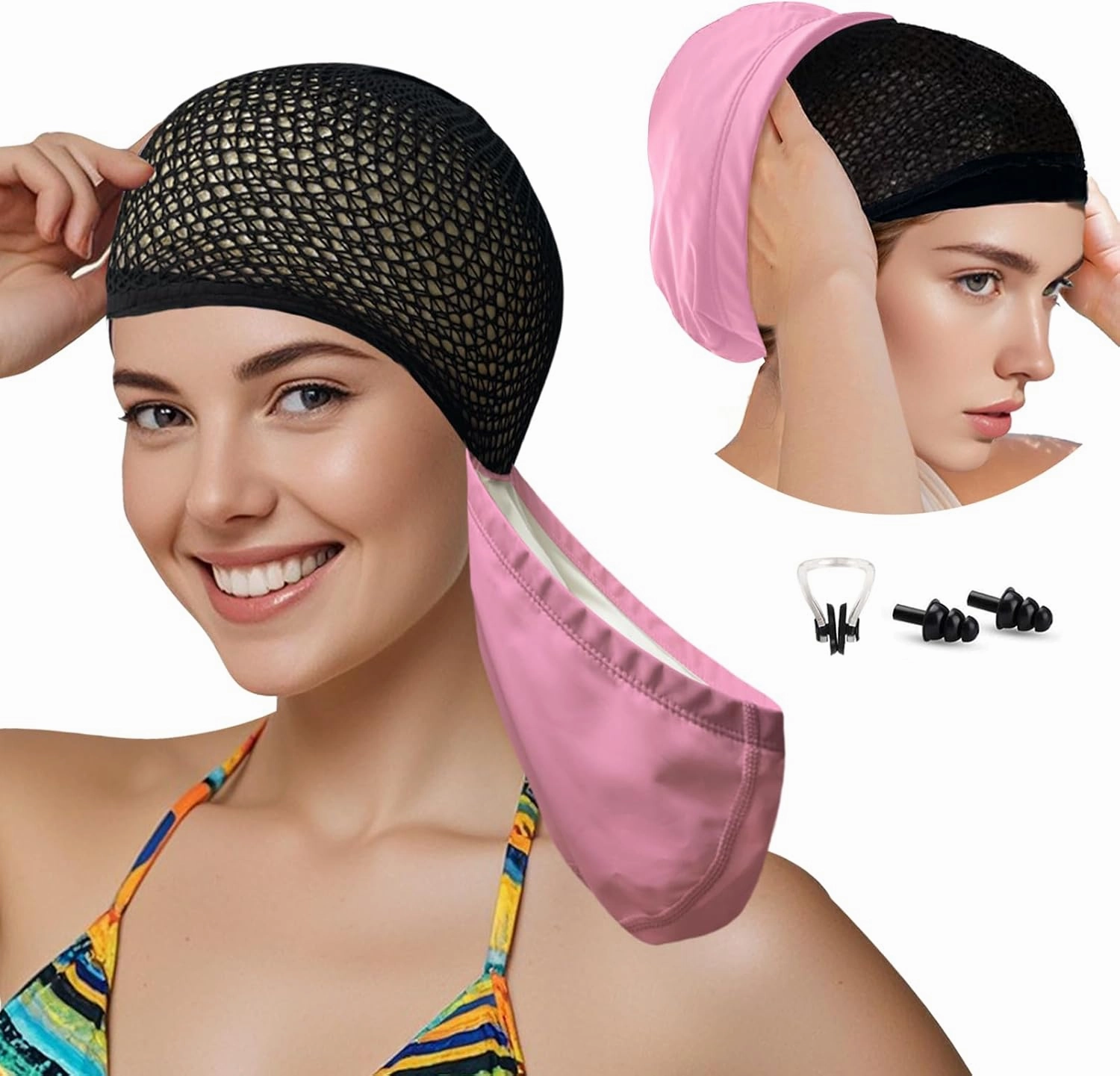Womens Swim Cap for Long Hair PU Fabric Hairnet Swimming Caps for Women Men Adults Youths with Ear Plug and Nose Clip, Swim Hats Pool Caps to Protect Hair no Pulling