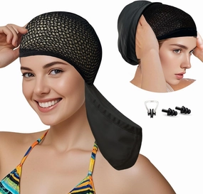 Womens Swim Cap for Long Hair PU Fabric Hairnet Swimming Caps for Women Men Adults Youths with Ear Plug and Nose Clip, Swim Hats Pool Caps to Protect Hair no Pulling