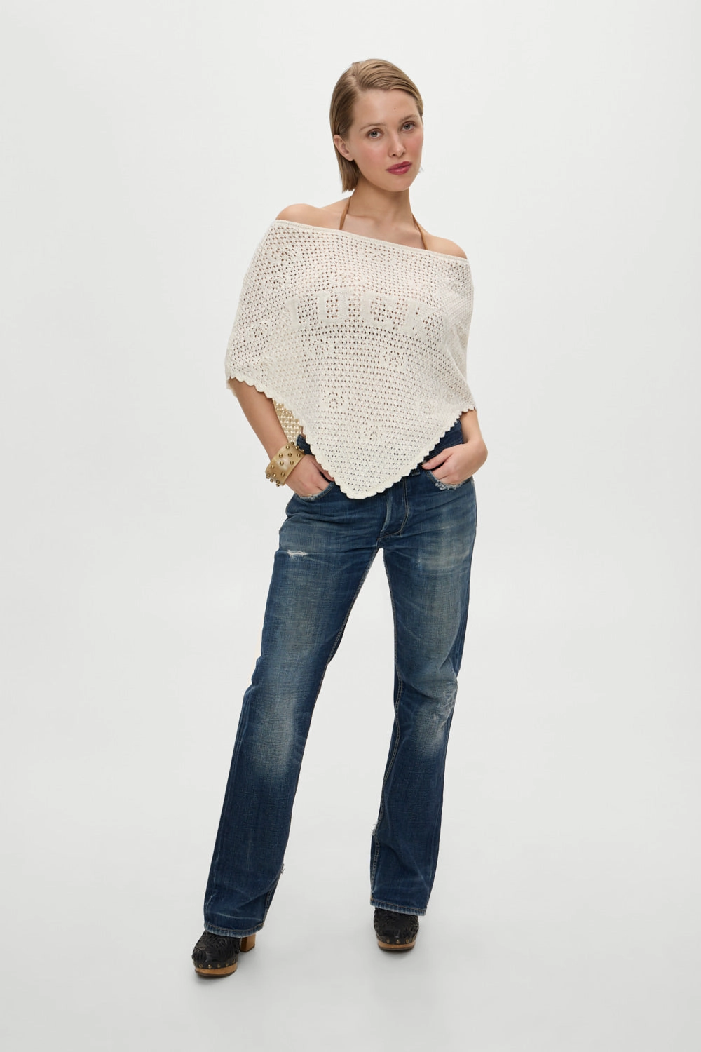 x BELLA HADID Western Crochet Poncho - White