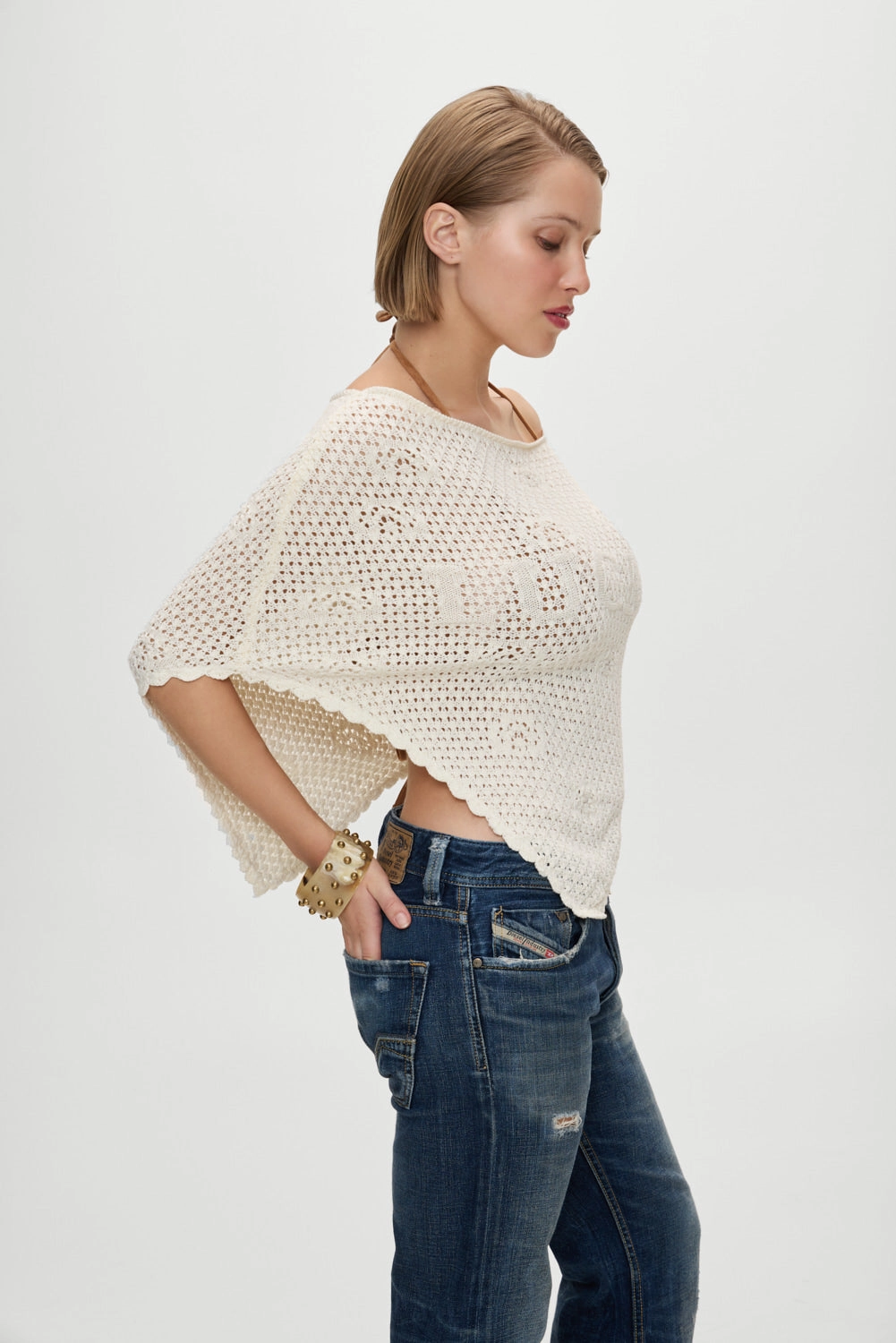 x BELLA HADID Western Crochet Poncho - White