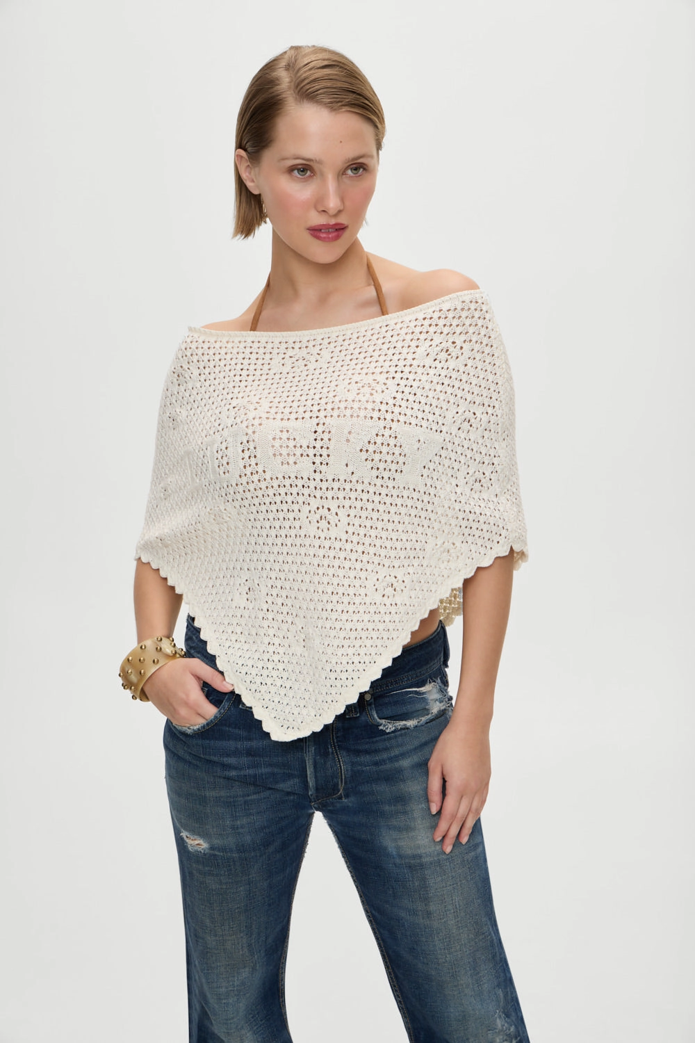 x BELLA HADID Western Crochet Poncho - White