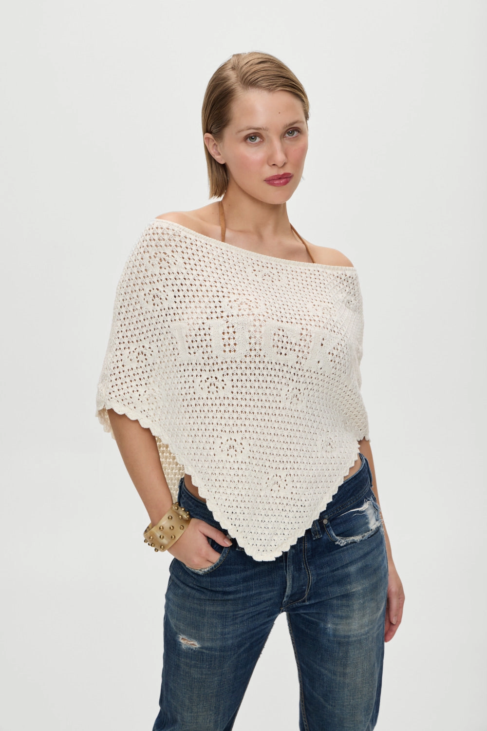 x BELLA HADID Western Crochet Poncho - White