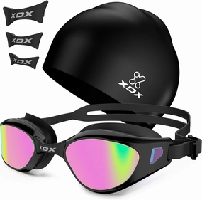 XDX Swim Goggles with Swim Cap Anti-Fog Pool Goggles with Detachable Lenses Swimming Goggles Cap Set for Youth Men Women