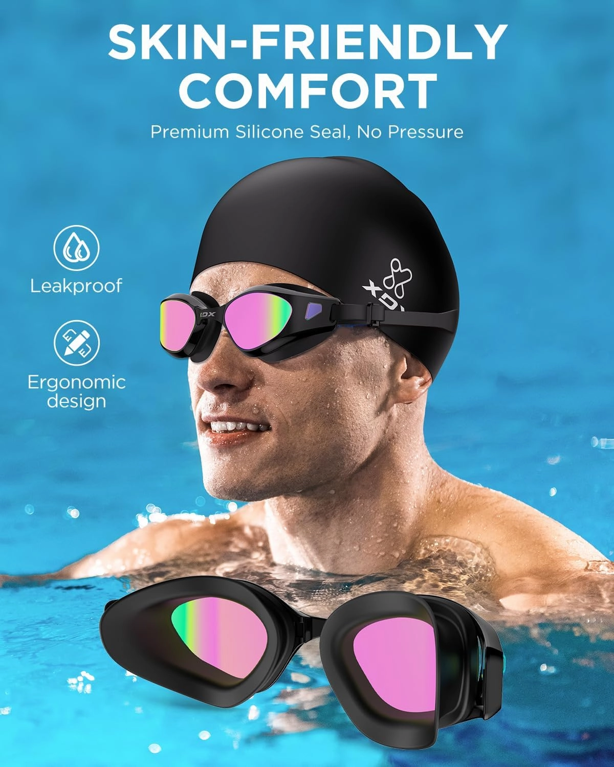 XDX Swim Goggles with Swim Cap Anti-Fog Pool Goggles with Detachable Lenses Swimming Goggles Cap Set for Youth Men Women