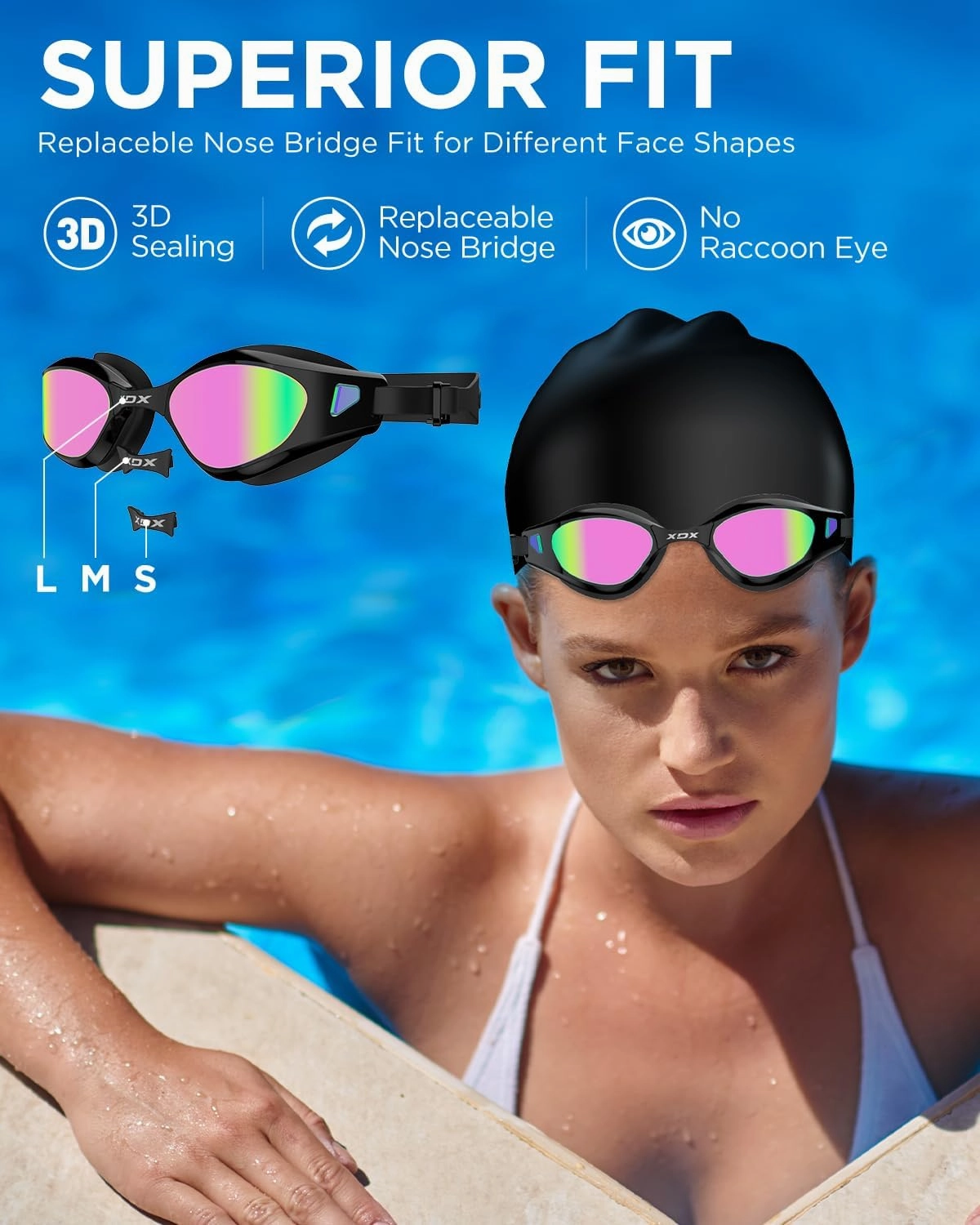 XDX Swim Goggles with Swim Cap Anti-Fog Pool Goggles with Detachable Lenses Swimming Goggles Cap Set for Youth Men Women
