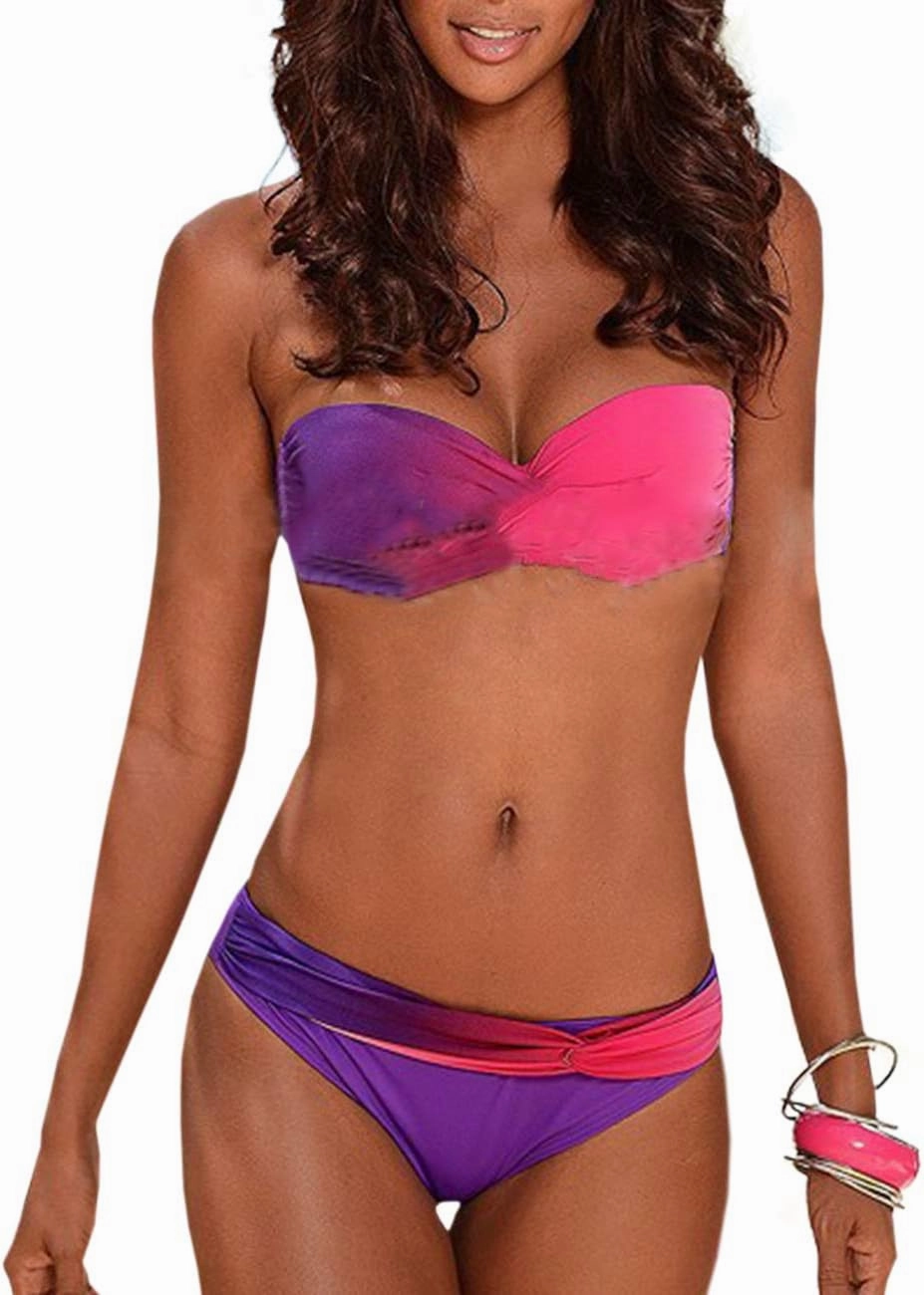 xxxiticat Women's Sexy Strapless Bikini Sets Bandeau Twist Front Padded Gradient Colorful Two Piece Bathing Suit Swimsuit
