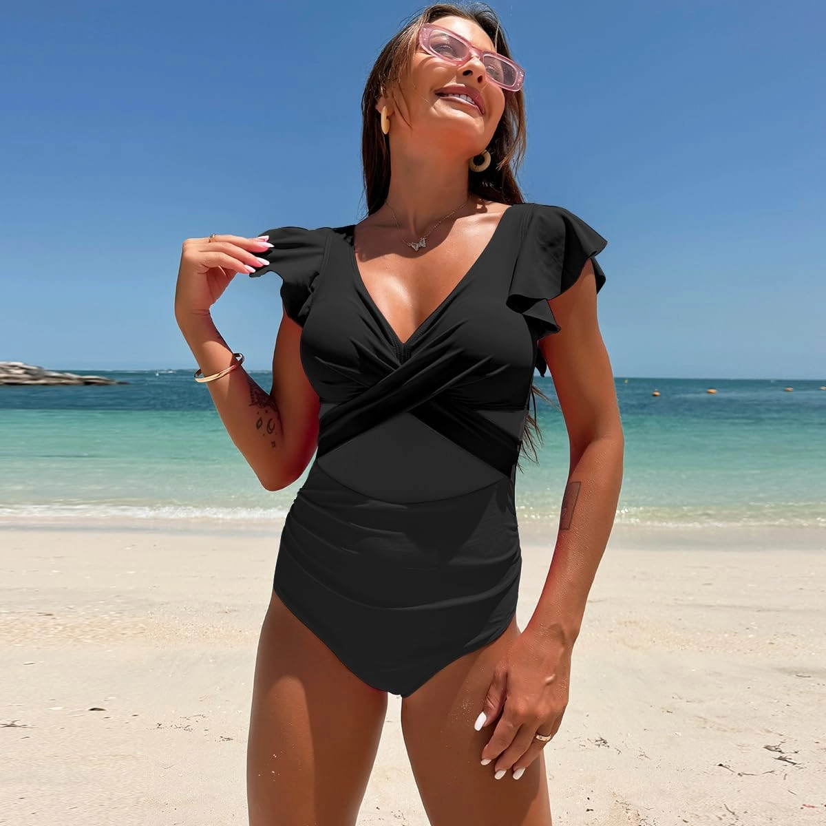YaShaer Women's One Piece Swimsuit Bathing Suit Retro Ruffled V Neck Bathing Suits Tummy Control Swimwear