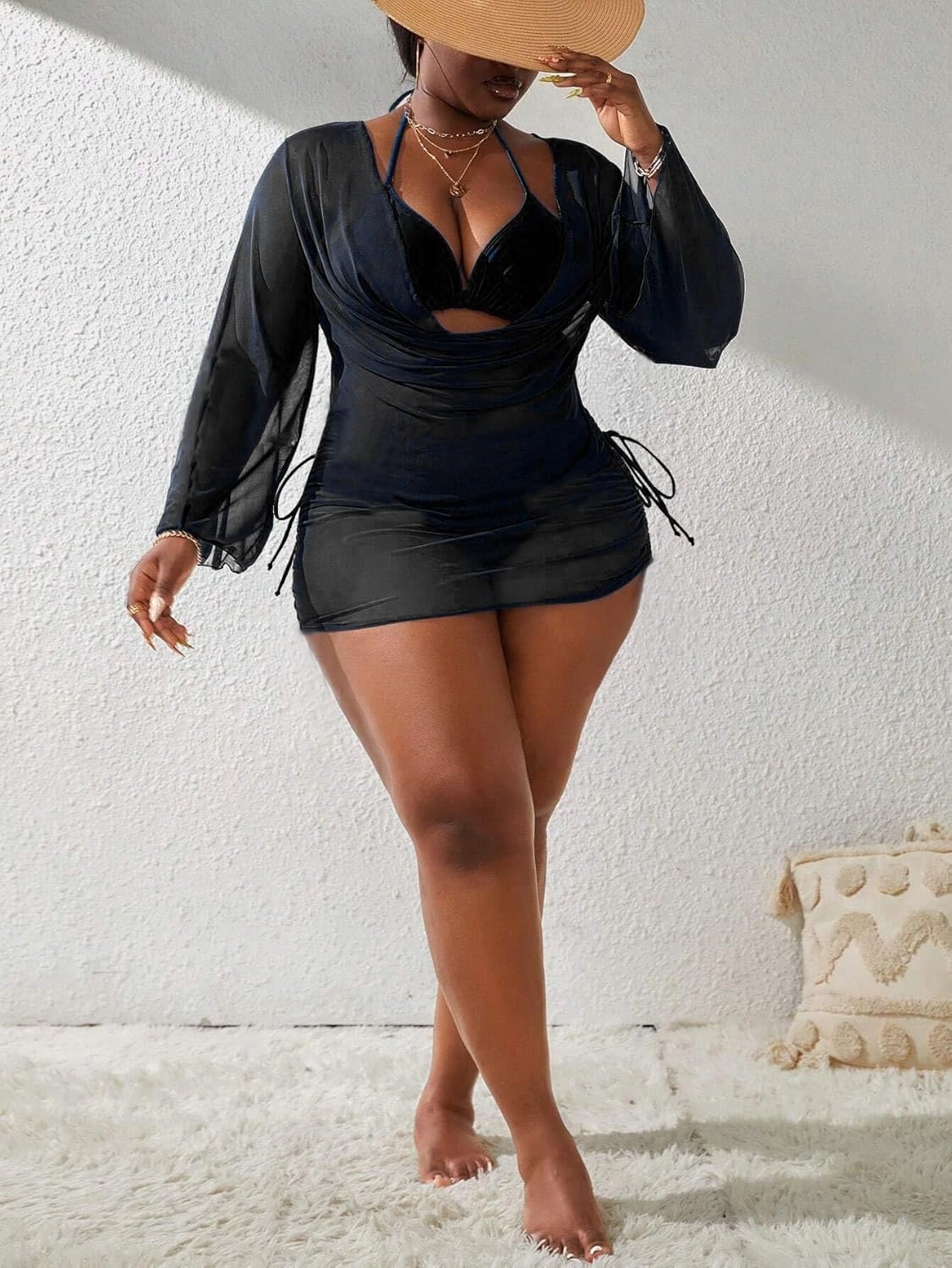 YELAIVP Women's Plus Size Halter String Triangle Bikini Sets 3 Piece Swimsuits with Side Ruched Drawstring Cover Up