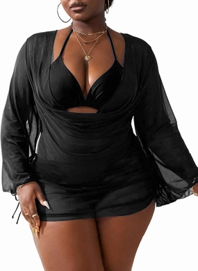 YELAIVP Women's Plus Size Halter String Triangle Bikini Sets 3 Piece Swimsuits with Side Ruched Drawstring Cover Up