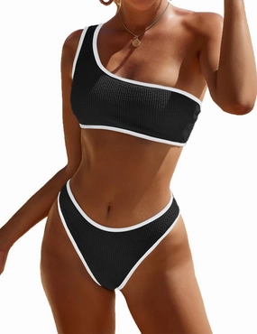 YIMISAN Women's Ribbed Bikini Sets One Shoulder Top with Mid Waist Two Piece Bathing Suit