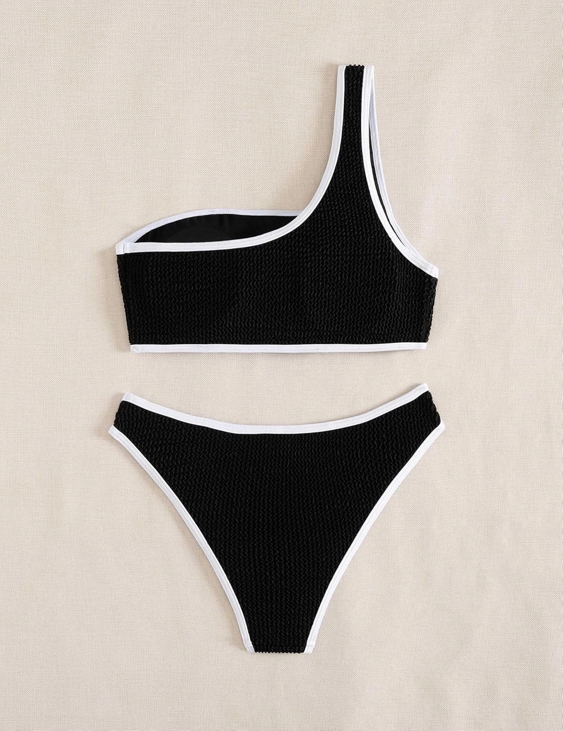 YIMISAN Women's Ribbed Bikini Sets One Shoulder Top with Mid Waist Two Piece Bathing Suit