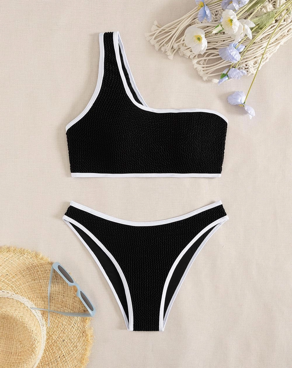 YIMISAN Women's Ribbed Bikini Sets One Shoulder Top with Mid Waist Two Piece Bathing Suit