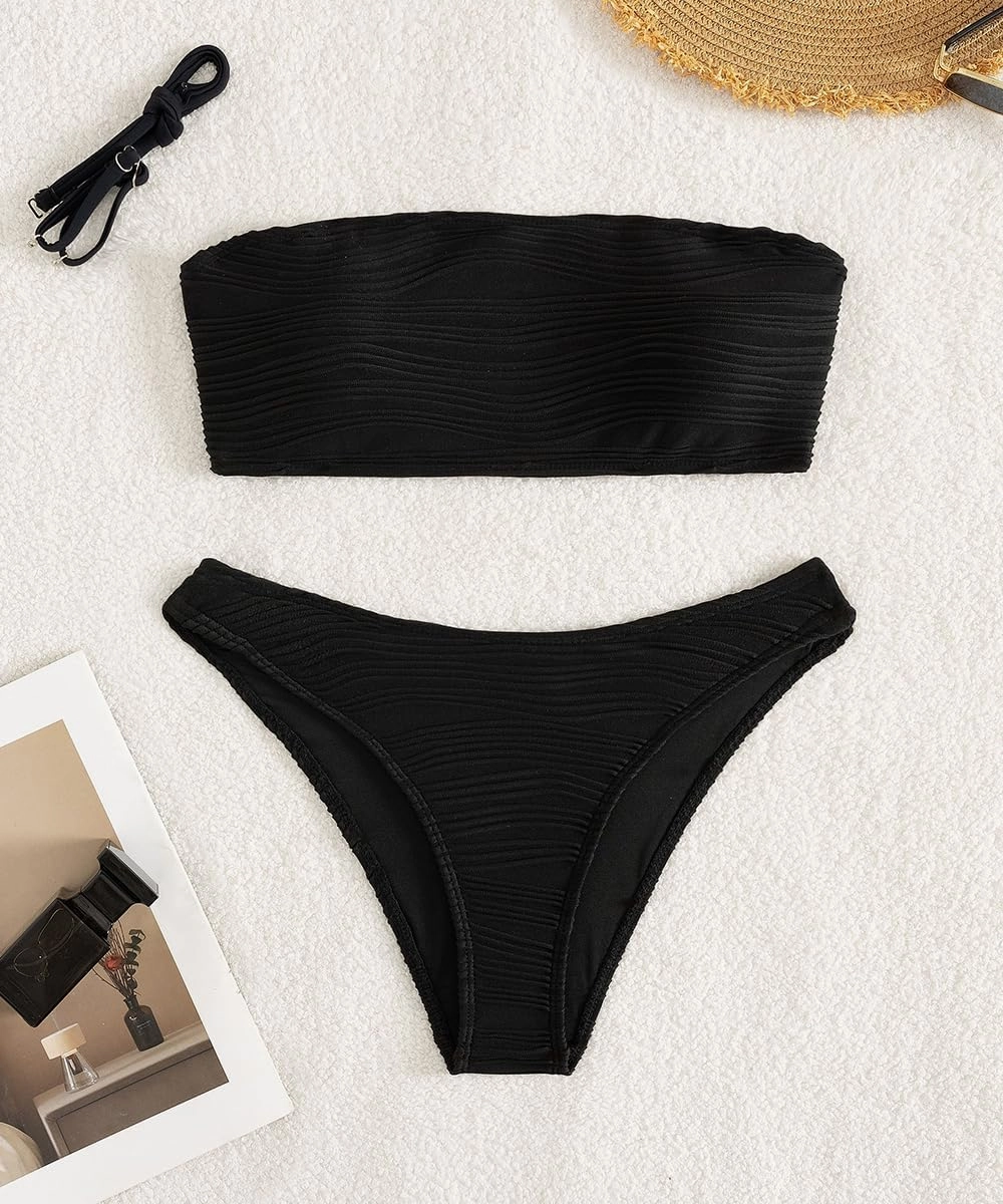 YIMISAN Women's Two Piece Bandeau Swimsuit Ribbed Strapless Tube Bikini Top with Mid Waist Cheeky Bottom Bathing Suit