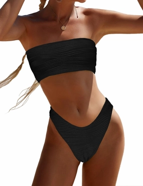 YIMISAN Women's Two Piece Bandeau Swimsuit Ribbed Strapless Tube Bikini Top with Mid Waist Cheeky Bottom Bathing Suit