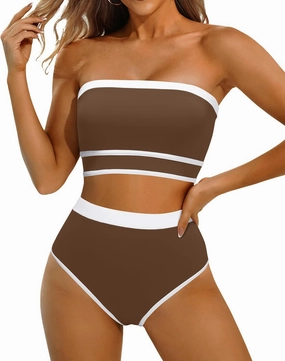 Yonique Bandeau Bikini Strapless Swimsuit - Two Piece High Waisted Bathing Suits