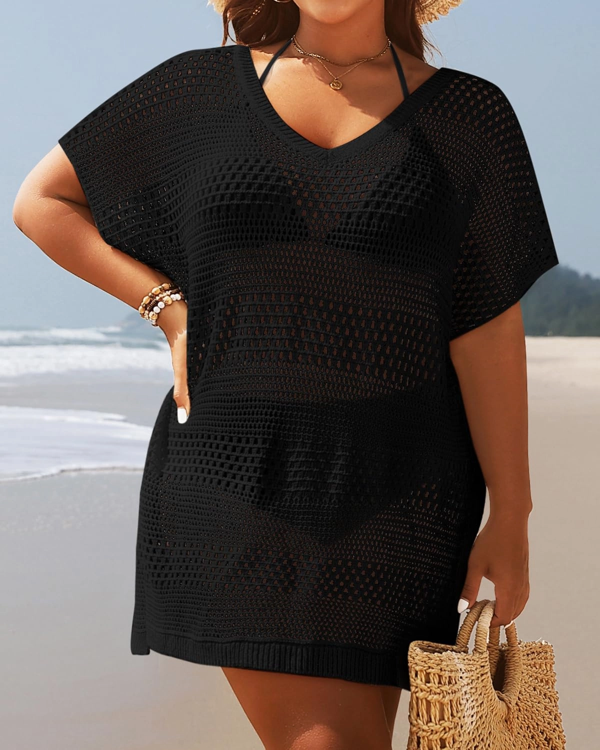 Yonique Plus Size Swimsuit Cover Up - Crochet Swim Cover Up 2025 Bathing Suit Short Sleeve Beach Dress