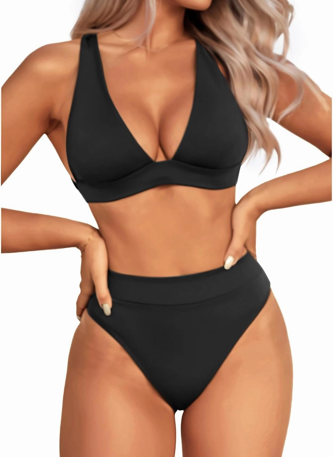 Yonique Thong Bikini Set High Waisted Two Piece Swimsuit High Cut Bikini V Neck Bathing Suit