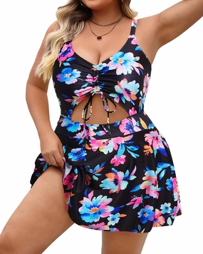 Yonique Women Plus Size One Piece Swimsuits with Skirt V Neck Floral Printed Swimdress Cutout Bathing Suits