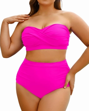 Yonique Women Plus Size Two Piece Swimsuits High Waisted Bathing Suits Bandeau Bikini Tummy Control Swimwear