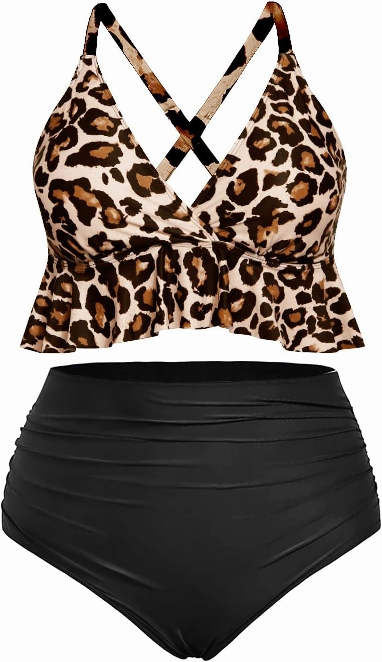 Yonique Women Plus Size Two Piece Swimsuits High Waisted Bikini Set Tummy Control Bathing Suits Ruffle Swimwear