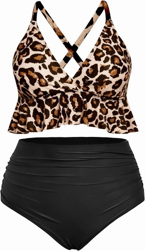 Yonique Women Plus Size Two Piece Swimsuits High Waisted Bikini Set Tummy Control Bathing Suits Ruffle Swimwear