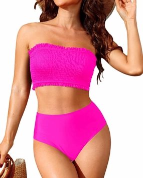 Yonique Women's Bandeau Bikini Set Two Piece Smocked Swimsuits Ruffle Off Shoulder Bathing Suit with High Waisted Bottoms