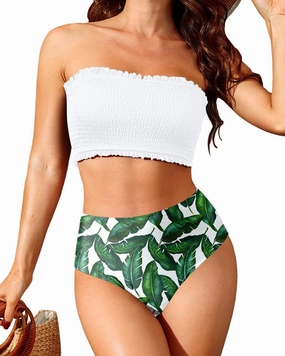 Yonique Women's Bandeau Bikini Set Two Piece Smocked Swimsuits Ruffle Off Shoulder Bathing Suit with High Waisted Bottoms
