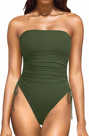 Yonique Women Strapless One Piece Swimsuit Tummy Control Bandeau Bathing Suit Cheeky Swimwear