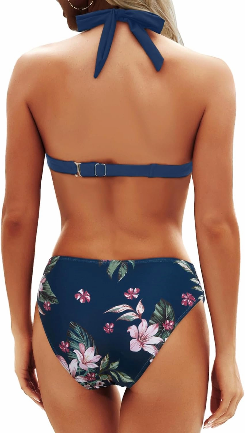 Yonique Women Two Piece Bathing Suits Push Up Bikini Set Halter Swimsuit Vintage Swimwear