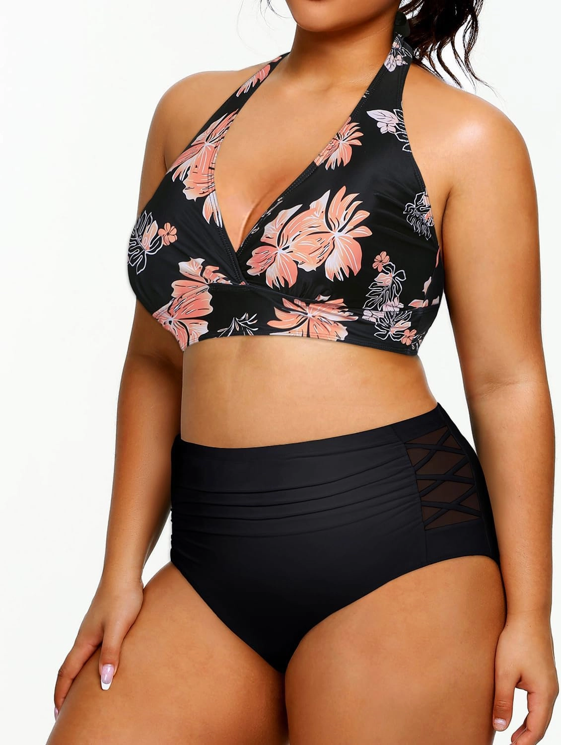 Yonique Womens Two Piece Plus Size Halter Bikini Swimsuits Tummy Control Bathing Suits High Waisted Swimwear