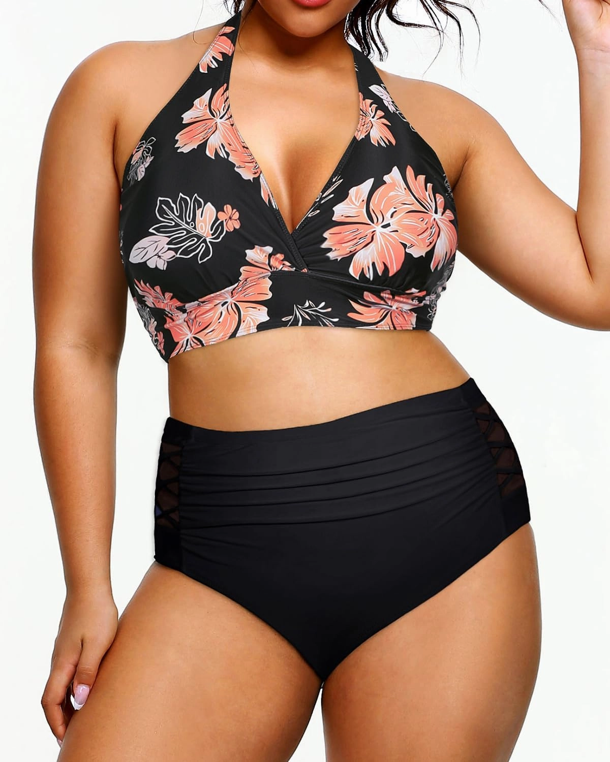 Yonique Womens Two Piece Plus Size Halter Bikini Swimsuits Tummy Control Bathing Suits High Waisted Swimwear