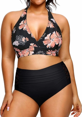 Yonique Womens Two Piece Plus Size Halter Bikini Swimsuits Tummy Control Bathing Suits High Waisted Swimwear