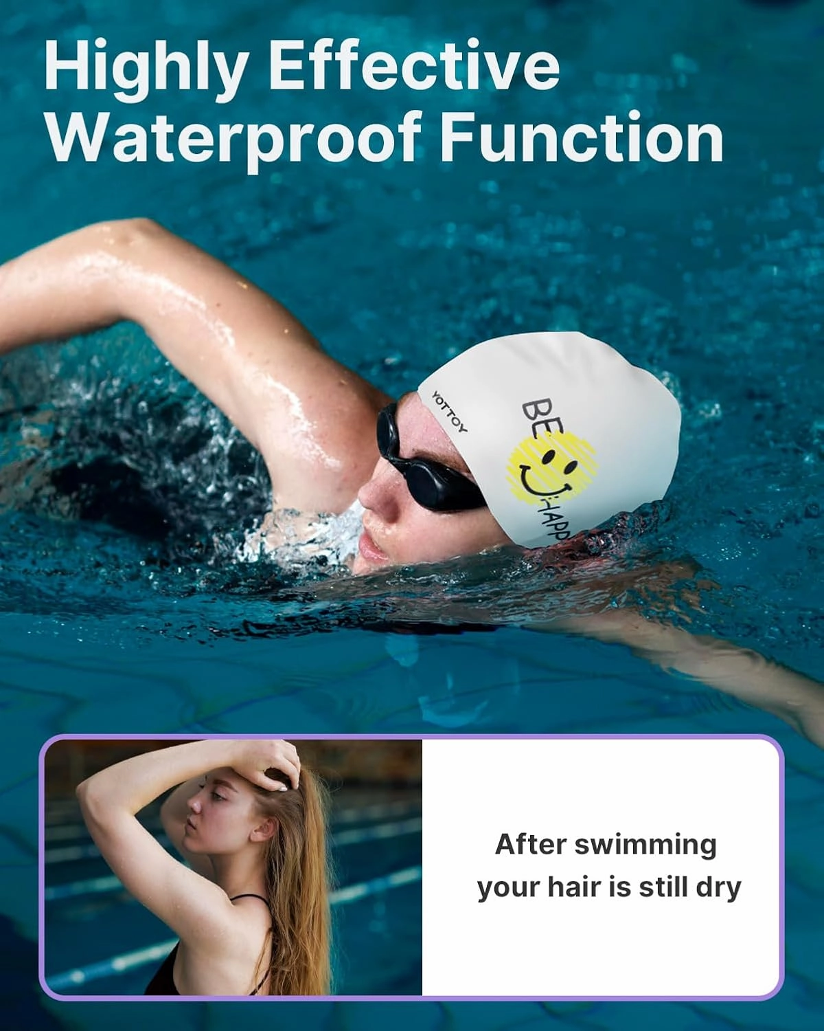 YOTTOY Women's Swim Cap, Silicone Waterproof Swimming Cap for Women Long Hair, Stretchable and Comfortable Bathing Caps for Women Swimming, Large Swim Cap for Adults