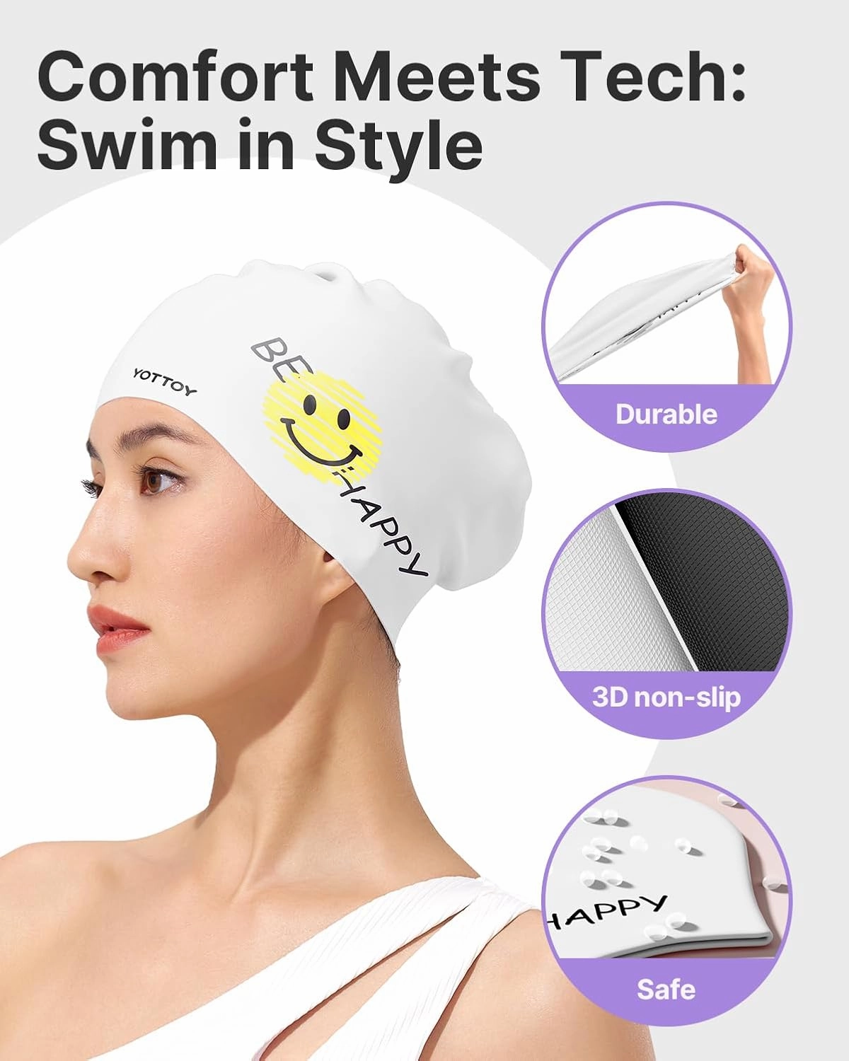 YOTTOY Women's Swim Cap, Silicone Waterproof Swimming Cap for Women Long Hair, Stretchable and Comfortable Bathing Caps for Women Swimming, Large Swim Cap for Adults
