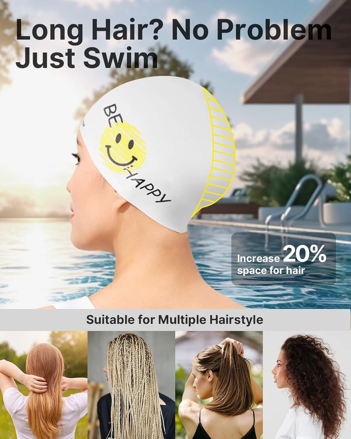 YOTTOY Women's Swim Cap, Silicone Waterproof Swimming Cap for Women Long Hair, Stretchable and Comfortable Bathing Caps for Women Swimming, Large Swim Cap for Adults