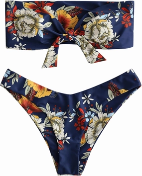 ZAFUL Knotted Bandeau Bikini for Women Strapless Swimsuits High Cut Bathing Suit Sexy Cheeky Tie Side Swimwears