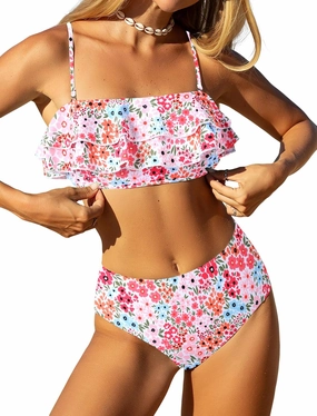 ZAFUL Layered Ruffle Bikini for Women High Waisted Bikini Sets Spaghetti Bandeau Swimsuits Padded Bathing Suit