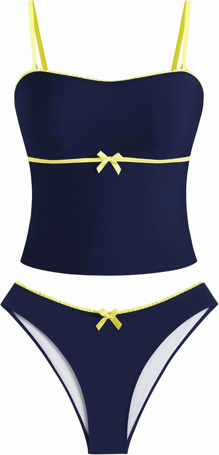 ZAFUL Tankini Swimsuits for Women Bow Tie Side Bathing Suits Tummy Control High Cut Two Piece Bikini Sets