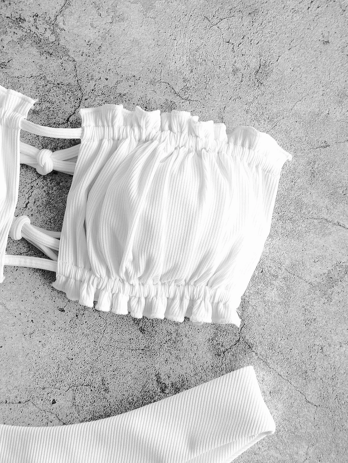 ZAFUL Women 2 Piece Strapless Bikini Swimsuits Ruffle Ribbed Self Tie Bandeau Bikini Set High Cut String Bathing Suits
