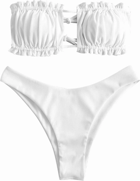 ZAFUL Women 2 Piece Strapless Bikini Swimsuits Ruffle Ribbed Self Tie Bandeau Bikini Set High Cut String Bathing Suits
