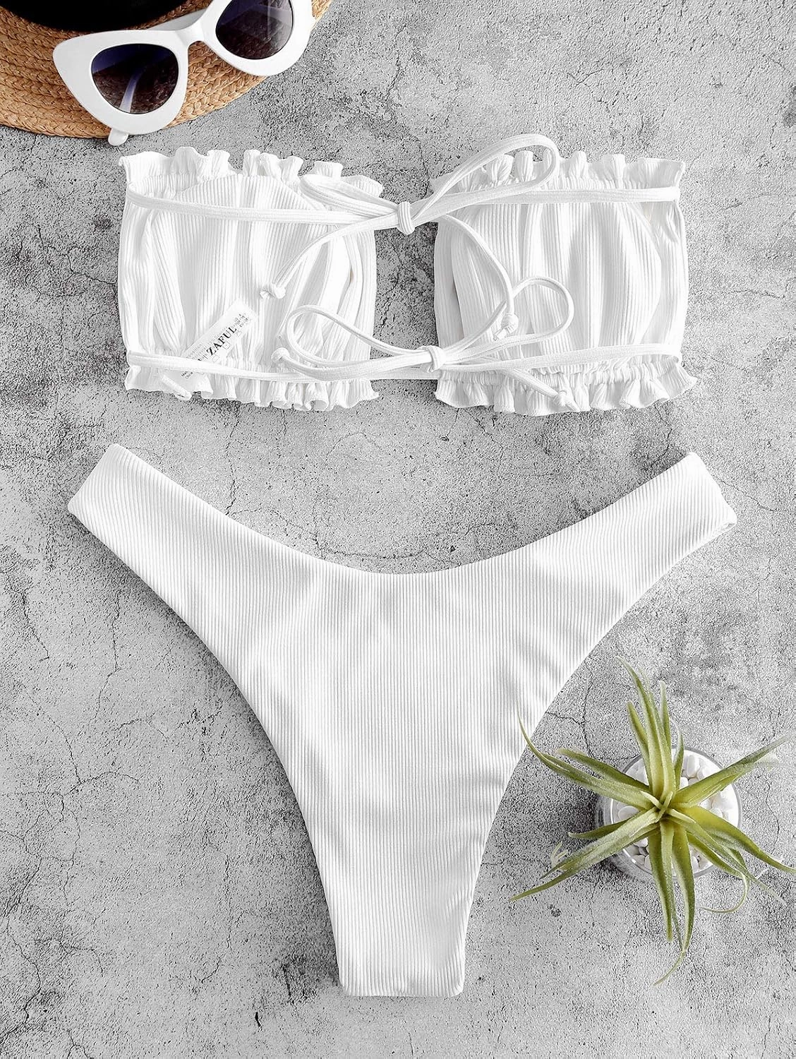 ZAFUL Women 2 Piece Strapless Bikini Swimsuits Ruffle Ribbed Self Tie Bandeau Bikini Set High Cut String Bathing Suits
