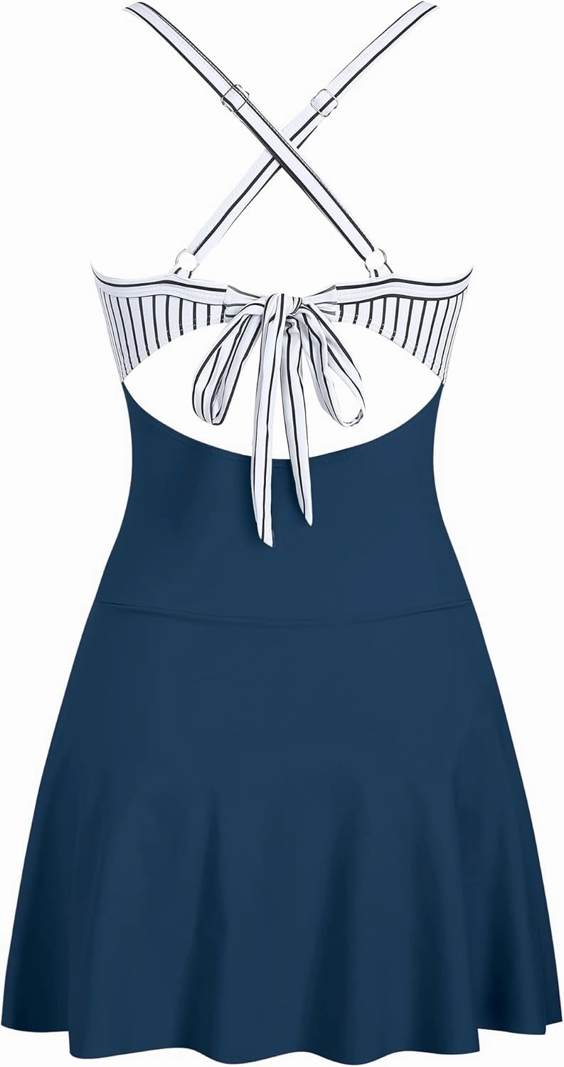 ZAFUL Women One Piece Swimdress Tummy Control Bathing Suit Push Up Swimsuit Modest Swimwear Cutout V Neck Cute Tie Knot Skirt