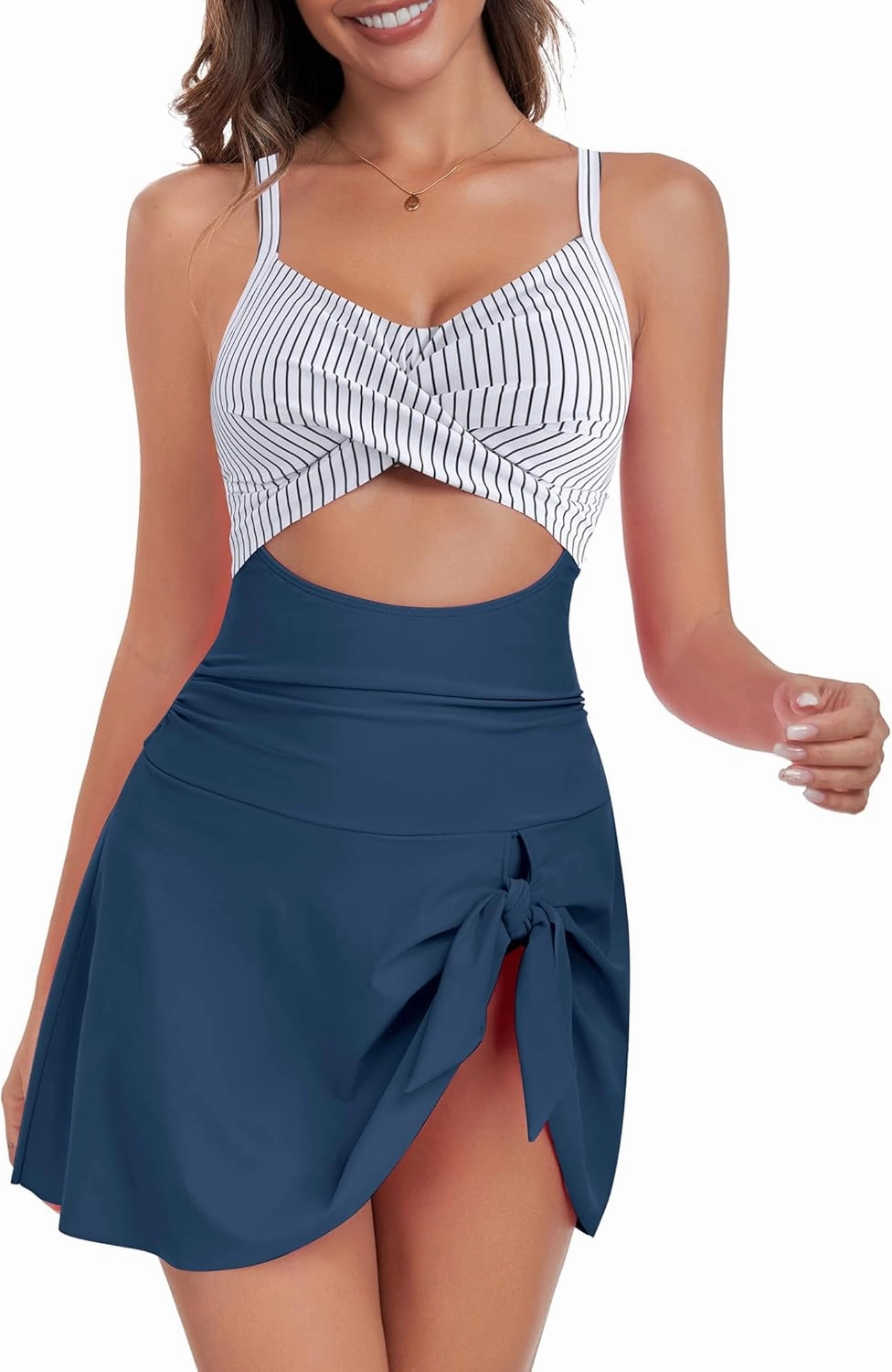 ZAFUL Women One Piece Swimdress Tummy Control Bathing Suit Push Up Swimsuit Modest Swimwear Cutout V Neck Cute Tie Knot Skirt