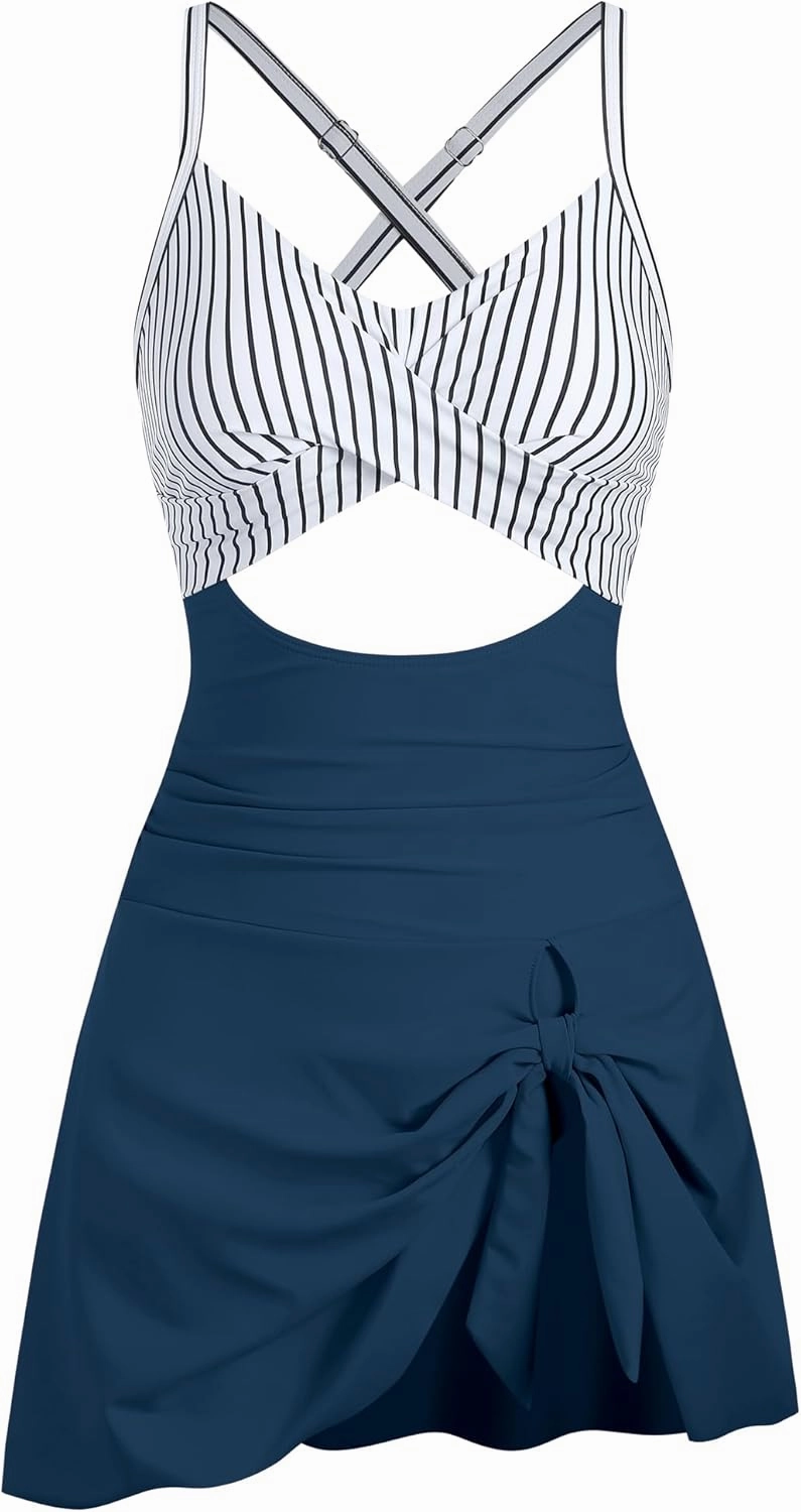 ZAFUL Women One Piece Swimdress Tummy Control Bathing Suit Push Up Swimsuit Modest Swimwear Cutout V Neck Cute Tie Knot Skirt